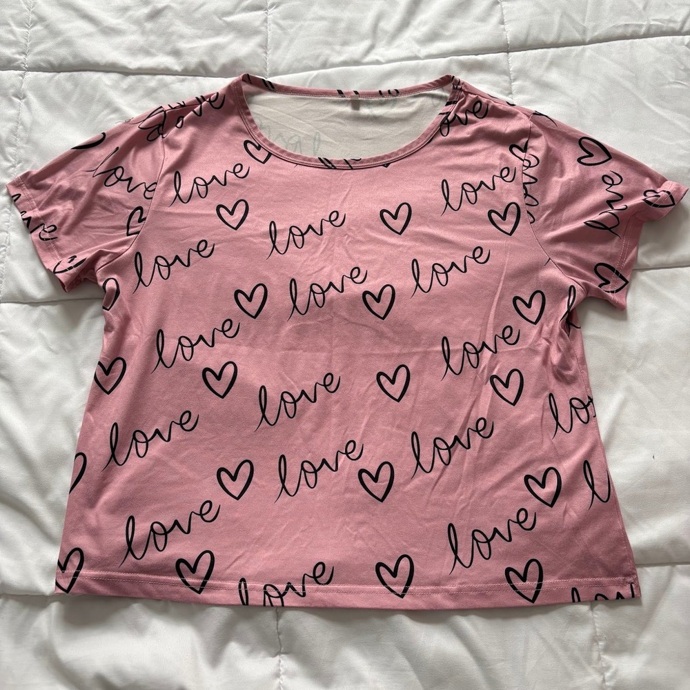 Pink Love Heart Script Print Short Sleeve Crewneck Top XL Pajamas Lounge Casual